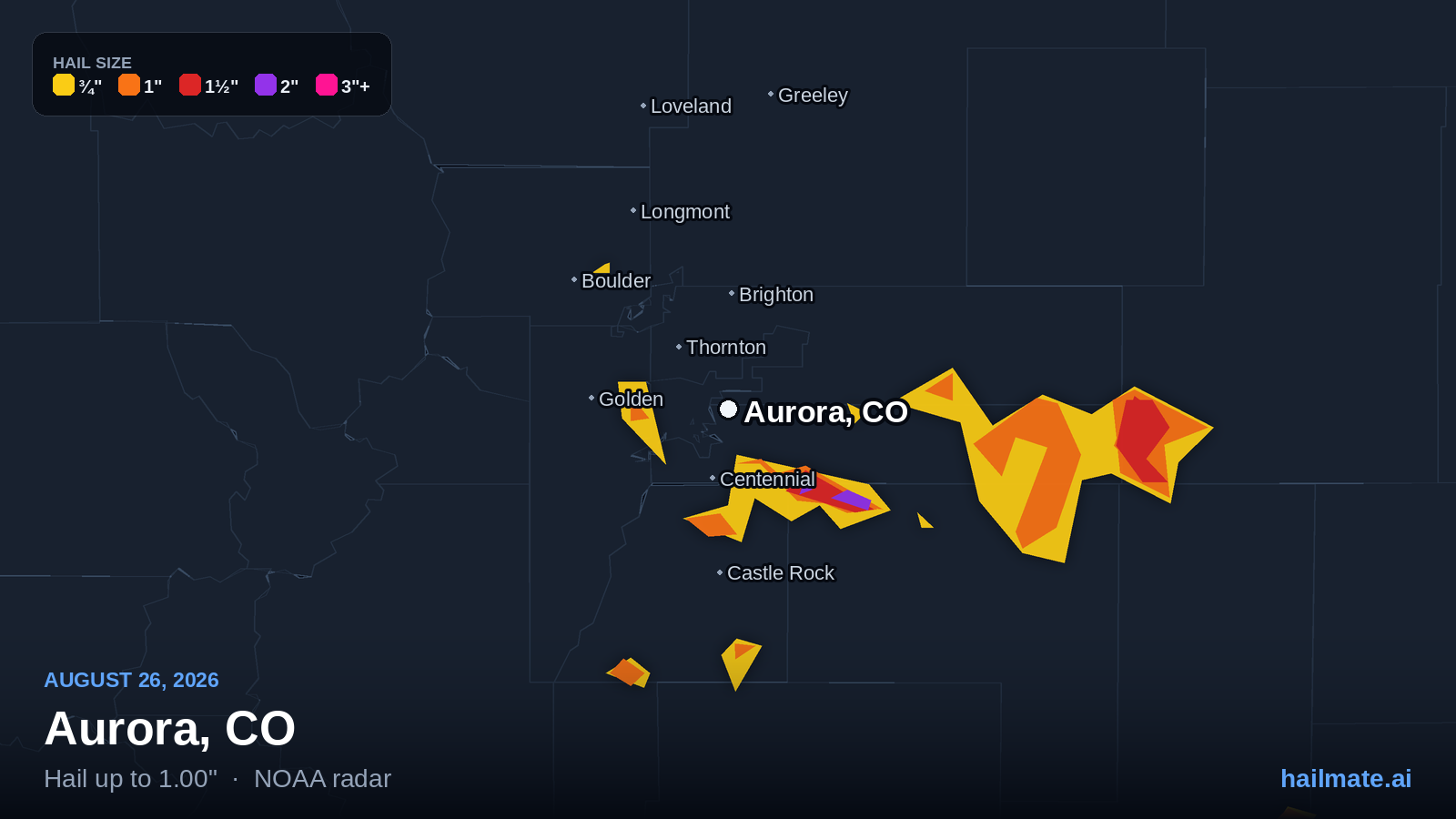 Hail swath map for Aurora, CO on August 26, 2026 showing 1.00 inch hail.
