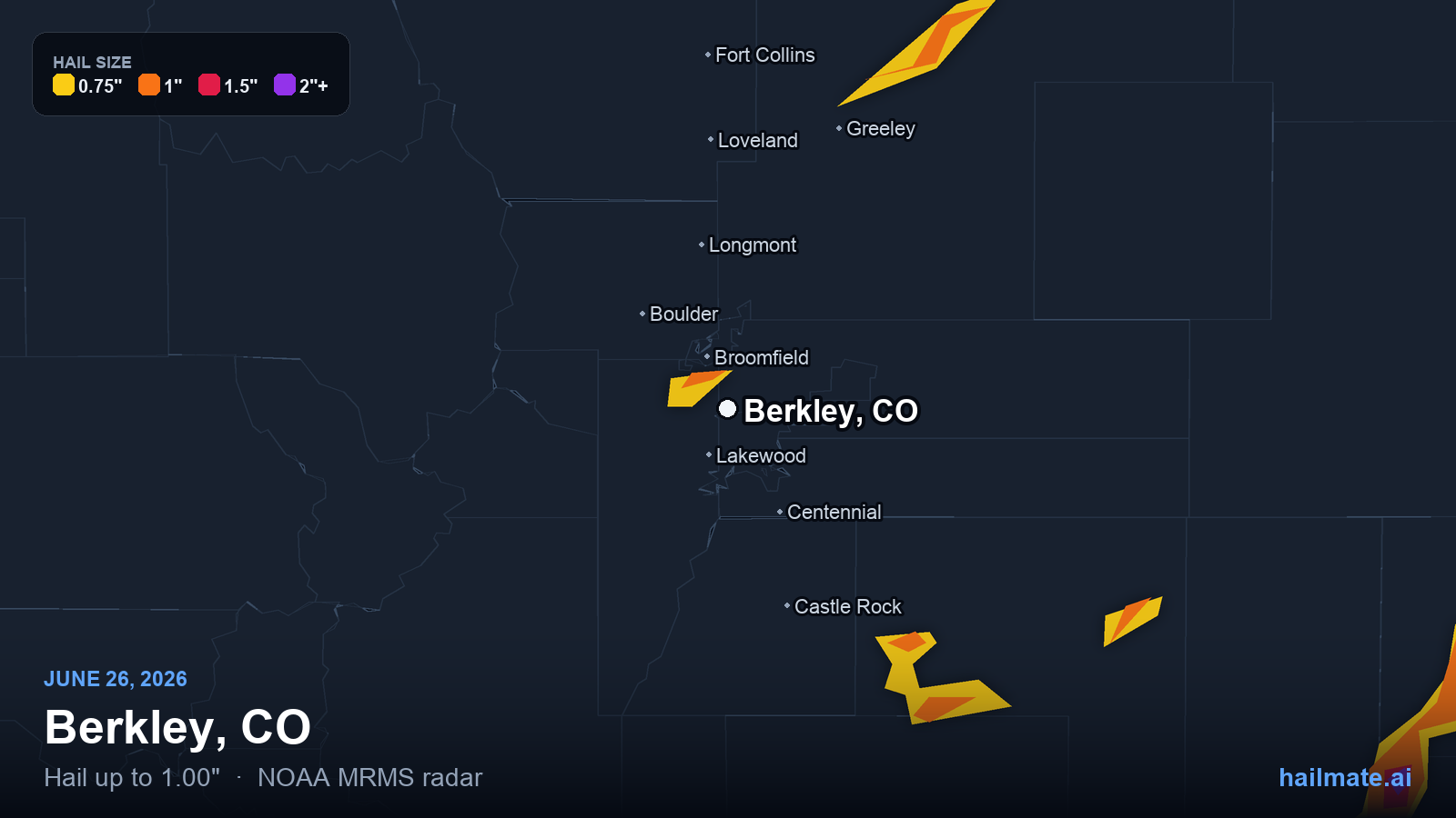 Hail swath map for Berkley, CO on June 26, 2026 showing 1.00 inch hail.