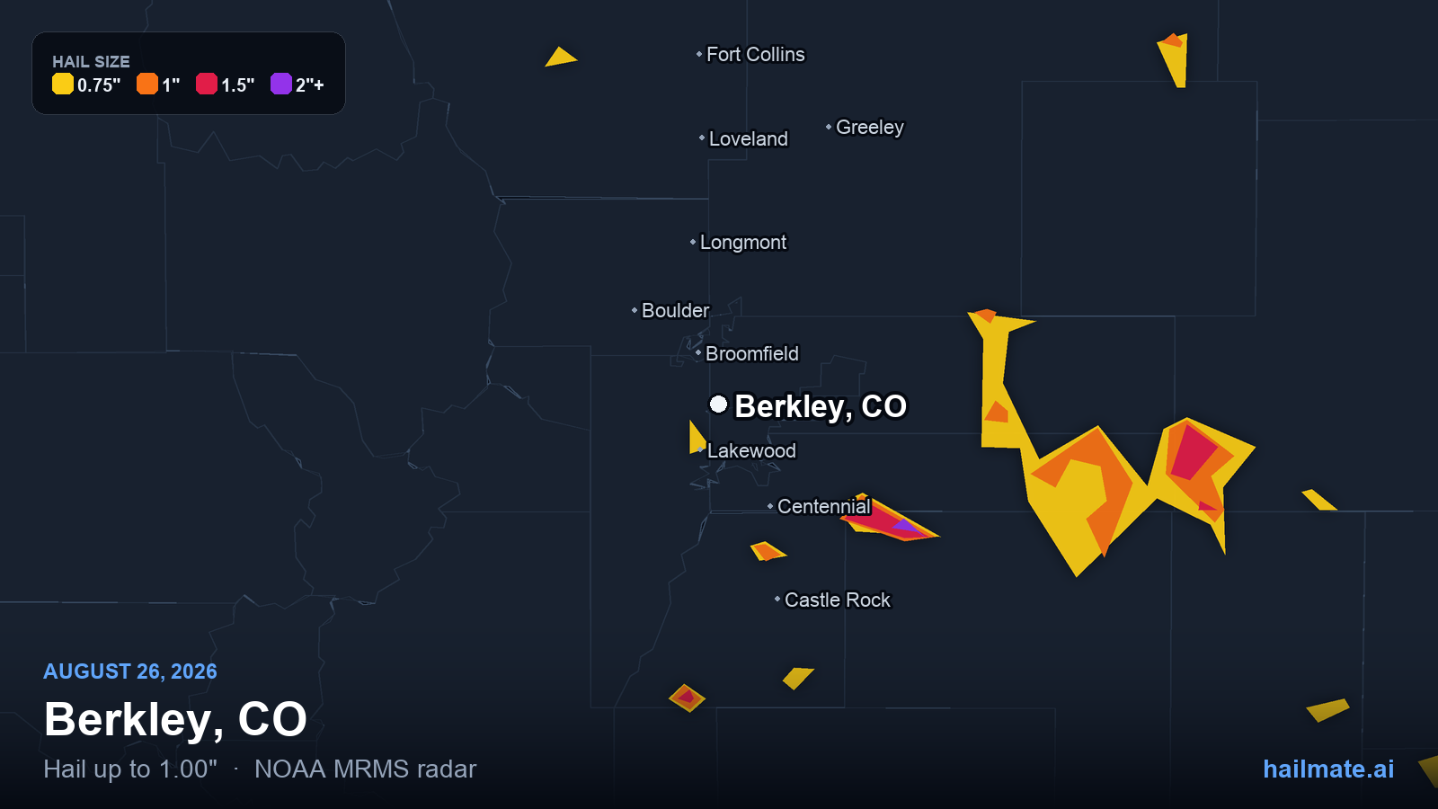 Hail swath map for Berkley, CO on August 26, 2026 showing 1.00 inch hail.