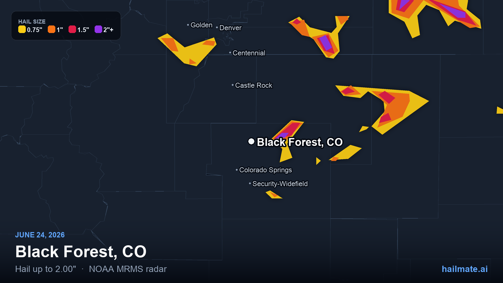 Hail swath map for Black Forest, CO on June 24, 2026 showing 2.00 inch hail.