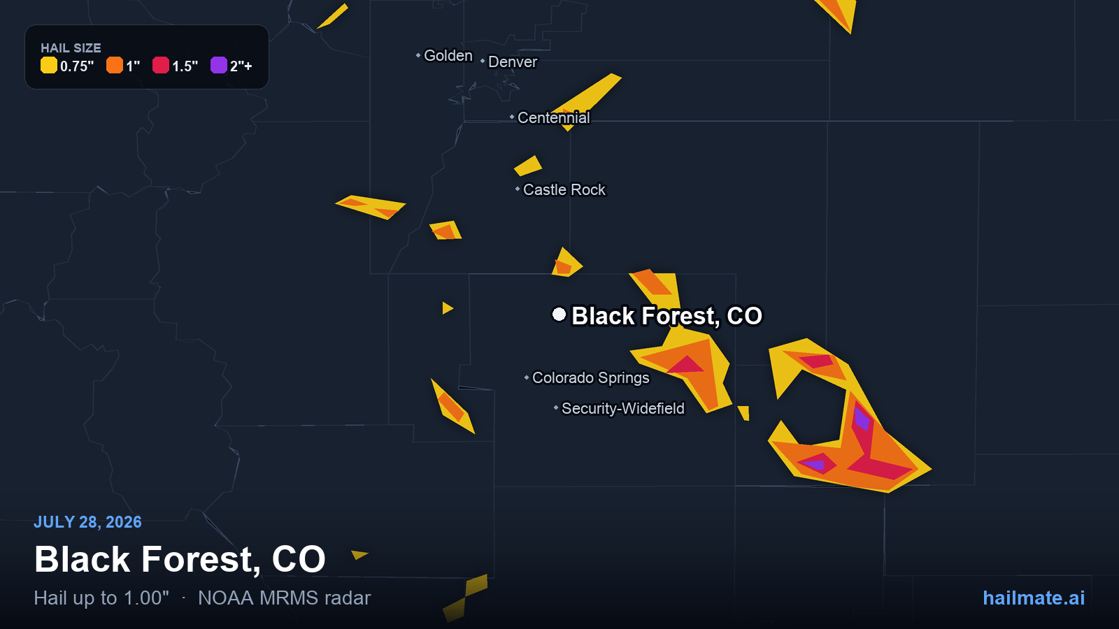 Hail swath map for Black Forest, CO on July 28, 2026 showing 1.00 inch hail.