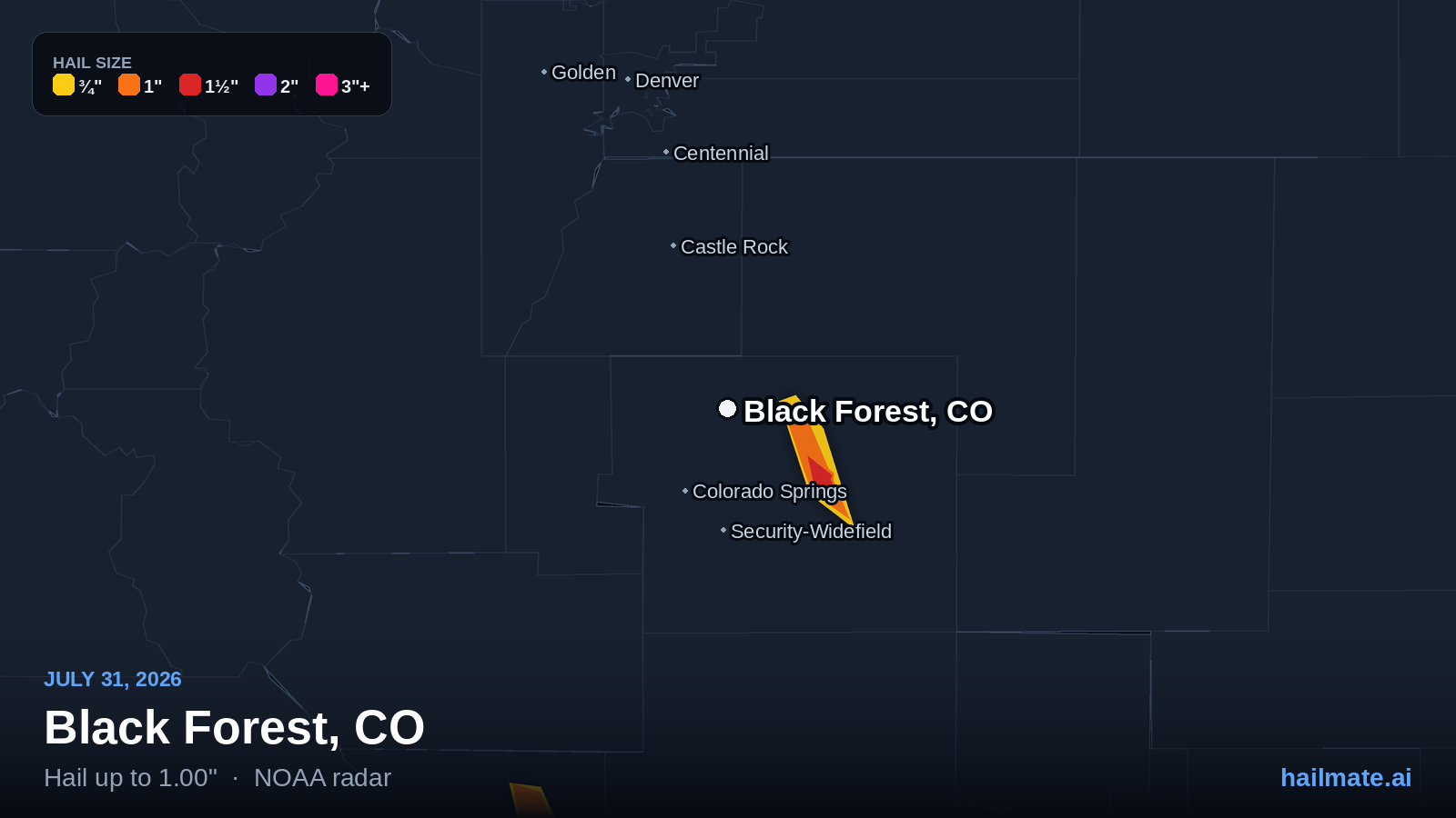 Hail swath map for Black Forest, CO on July 31, 2026 showing 1.00 inch hail.