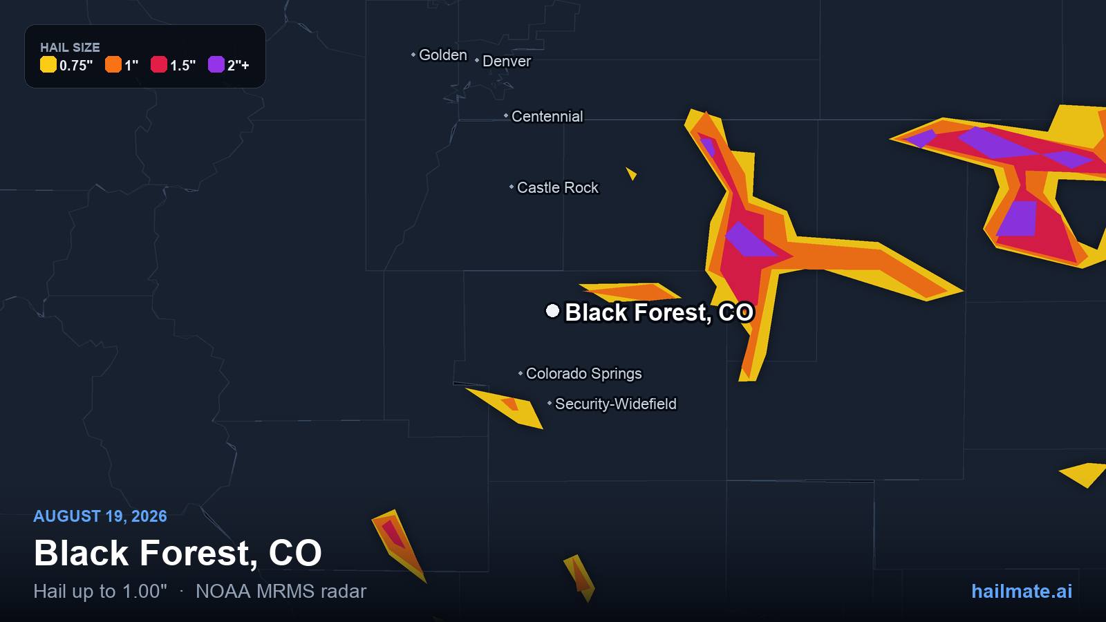 Hail swath map for Black Forest, CO on August 19, 2026 showing 1.00 inch hail.
