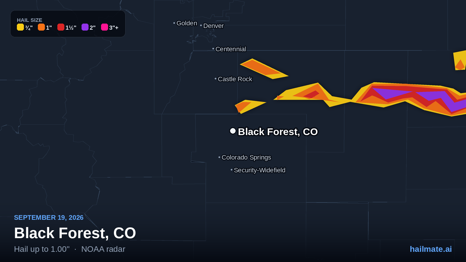 Hail swath map for Black Forest, CO on September 19, 2026 showing 1.00 inch hail.