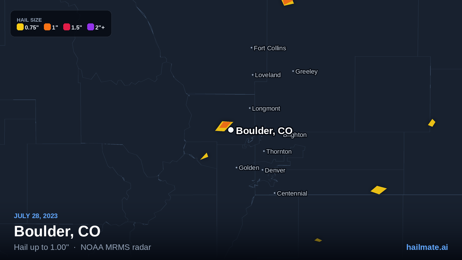 Hail swath map for Boulder, CO on July 28, 2023 showing 1.00 inch hail.