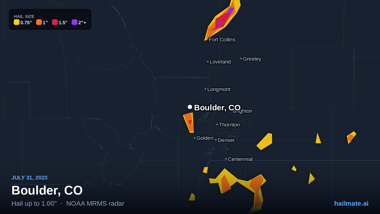 Hail swath map for Boulder, CO on July 31, 2023 showing 1.00 inch hail.