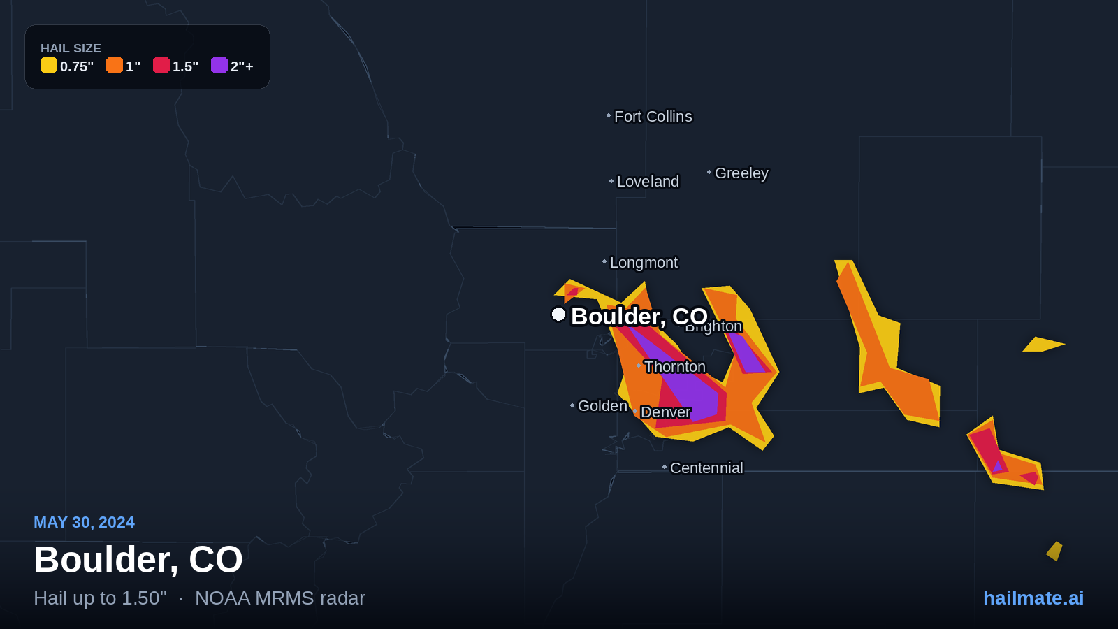 Hail swath map for Boulder, CO on May 30, 2024 showing 1.50 inch hail.
