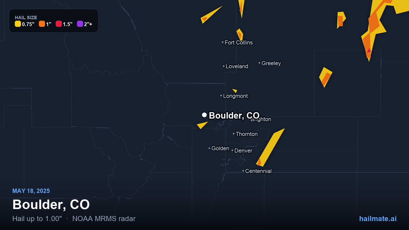 Hail swath map for Boulder, CO on May 18, 2025 showing 1.00 inch hail.