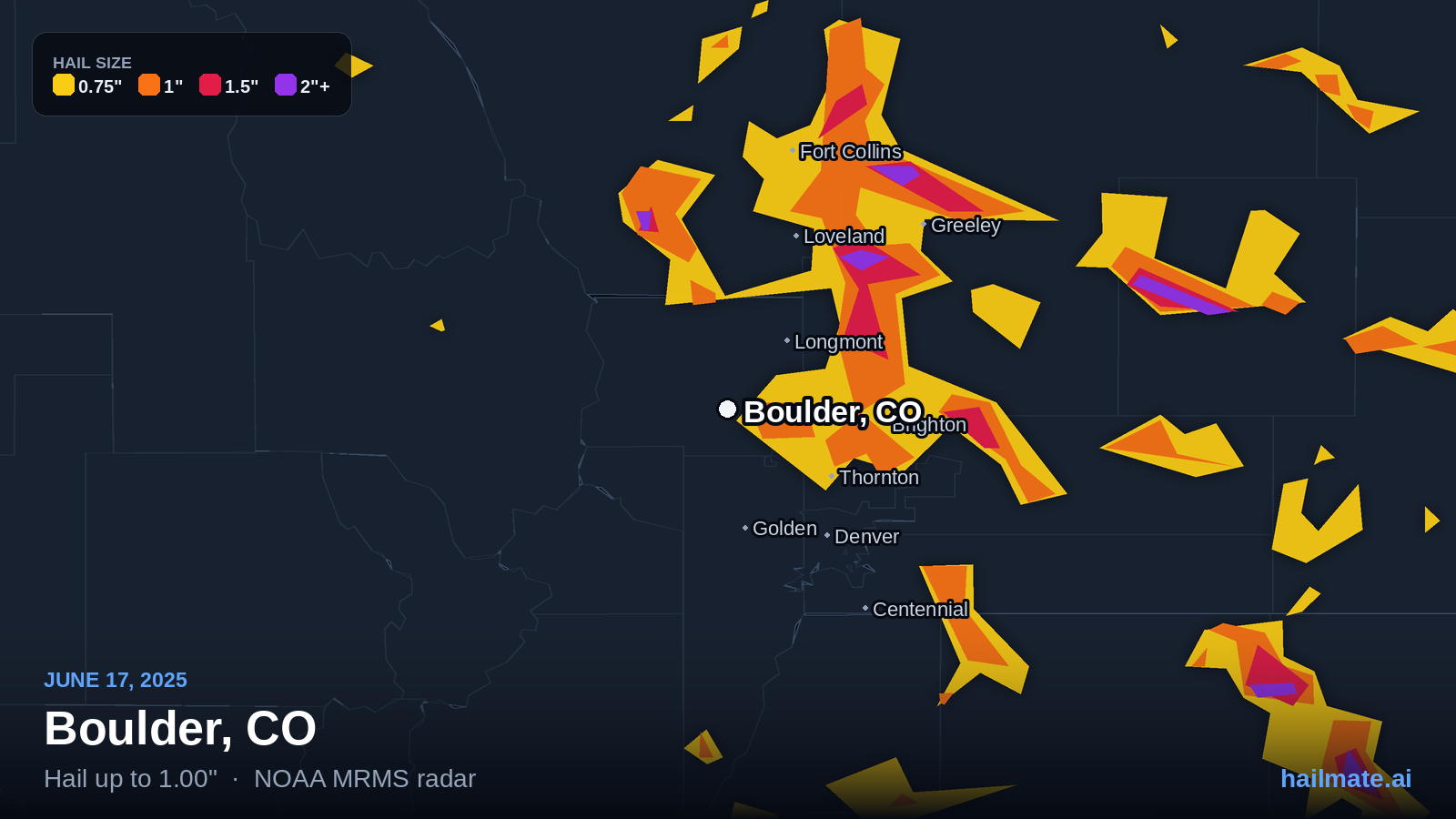 Hail swath map for Boulder, CO on June 17, 2025 showing 1.00 inch hail.