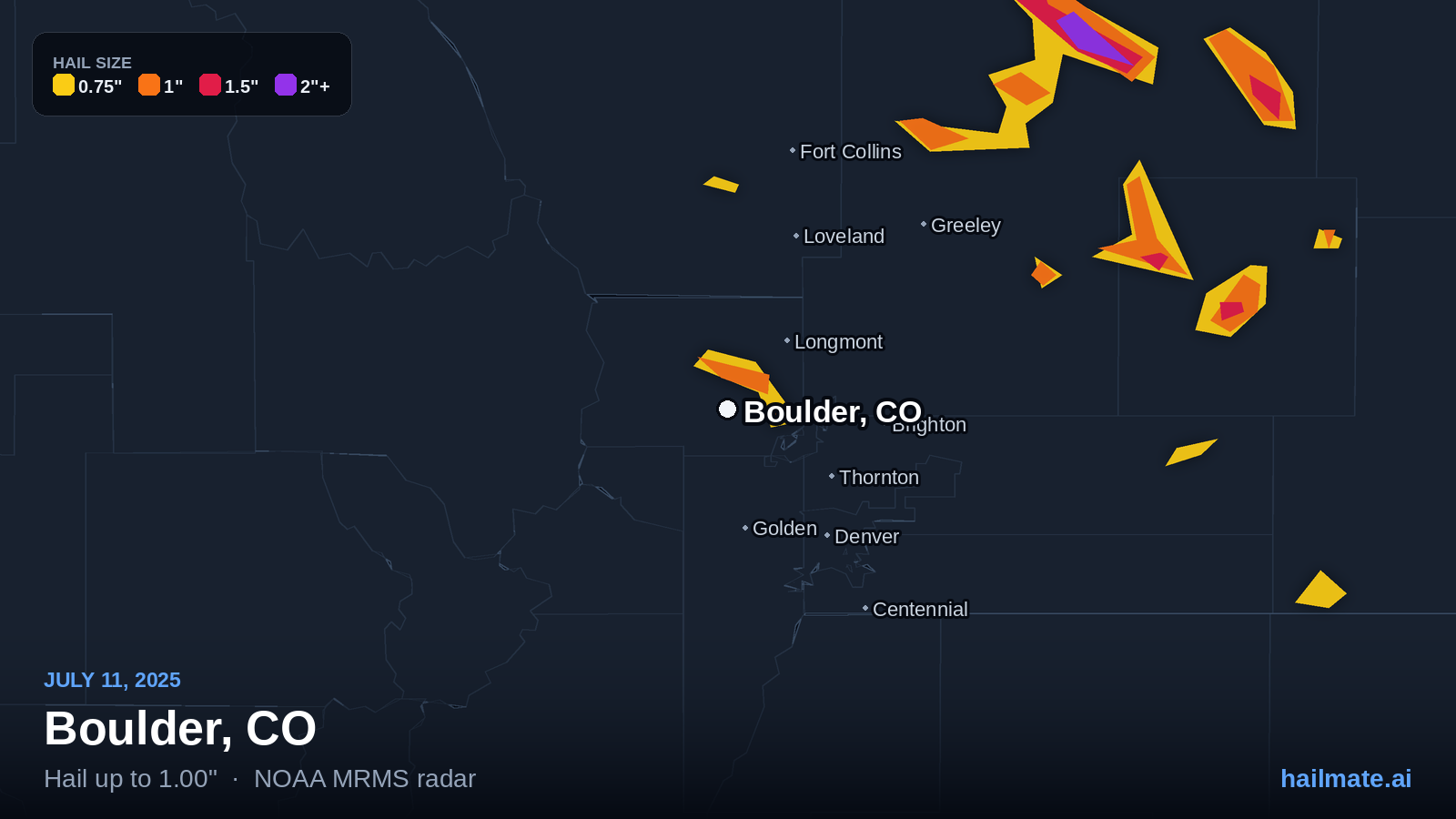 Hail swath map for Boulder, CO on July 11, 2025 showing 1.00 inch hail.