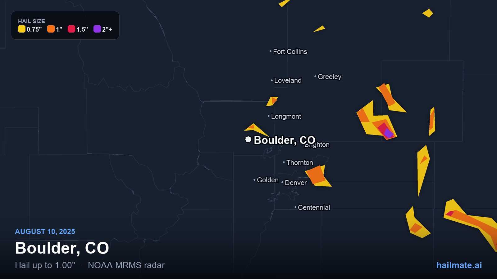 Hail swath map for Boulder, CO on August 10, 2025 showing 1.00 inch hail.