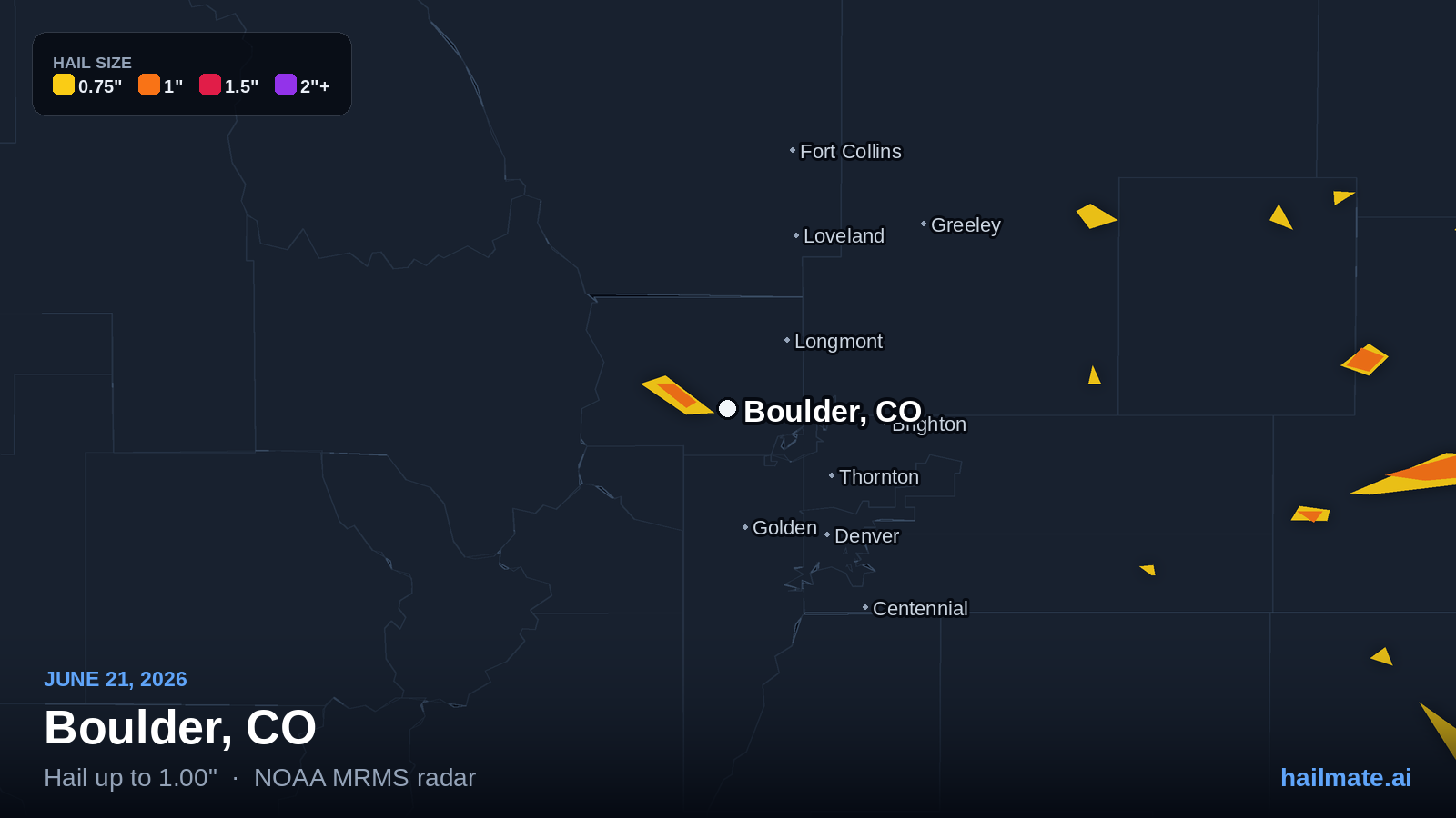 Hail swath map for Boulder, CO on June 21, 2026 showing 1.00 inch hail.