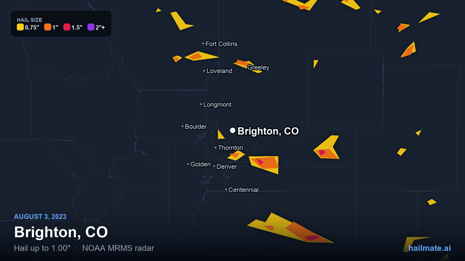 Hail swath map for Brighton, CO on August 3, 2023 showing 1.00 inch hail.