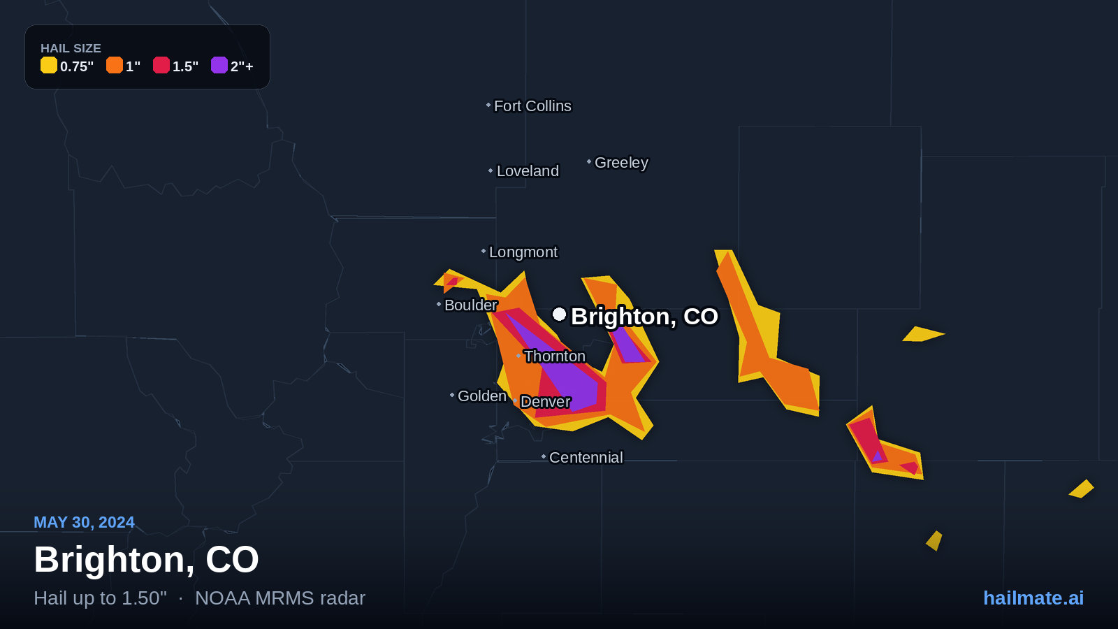 Hail swath map for Brighton, CO on May 30, 2024 showing 1.50 inch hail.