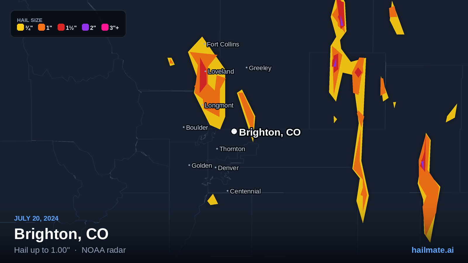 Hail swath map for Brighton, CO on July 20, 2024 showing 1.00 inch hail.