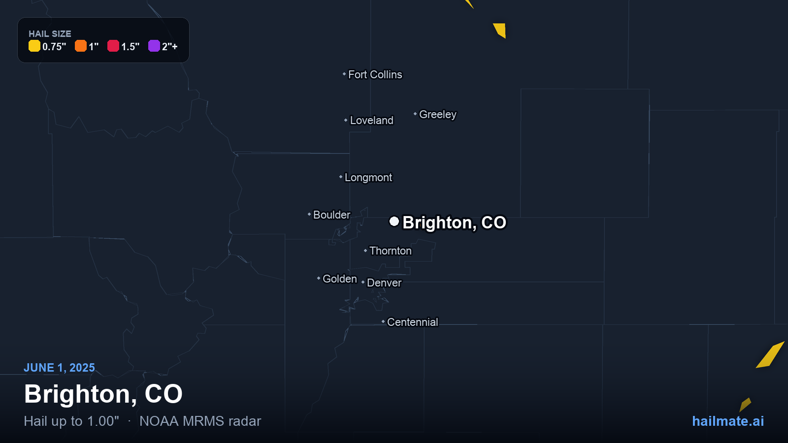 Hail swath map for Brighton, CO on June 1, 2025 showing 1.00 inch hail.