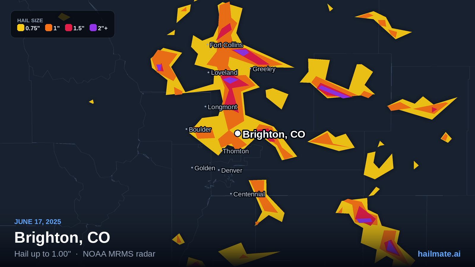 Hail swath map for Brighton, CO on June 17, 2025 showing 1.00 inch hail.