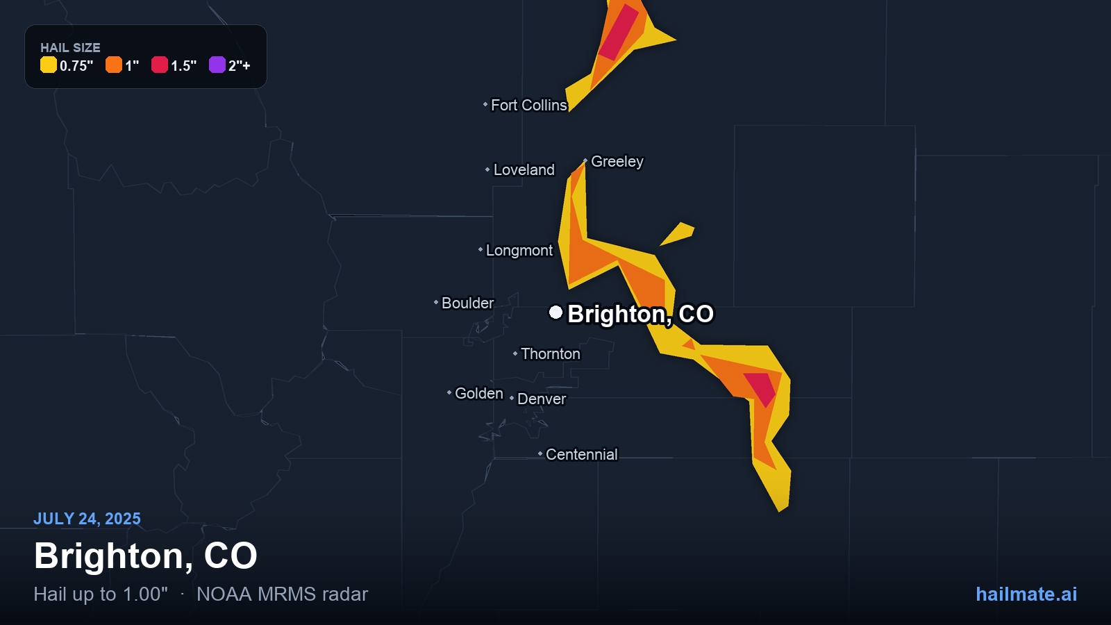 Hail swath map for Brighton, CO on July 24, 2025 showing 1.00 inch hail.