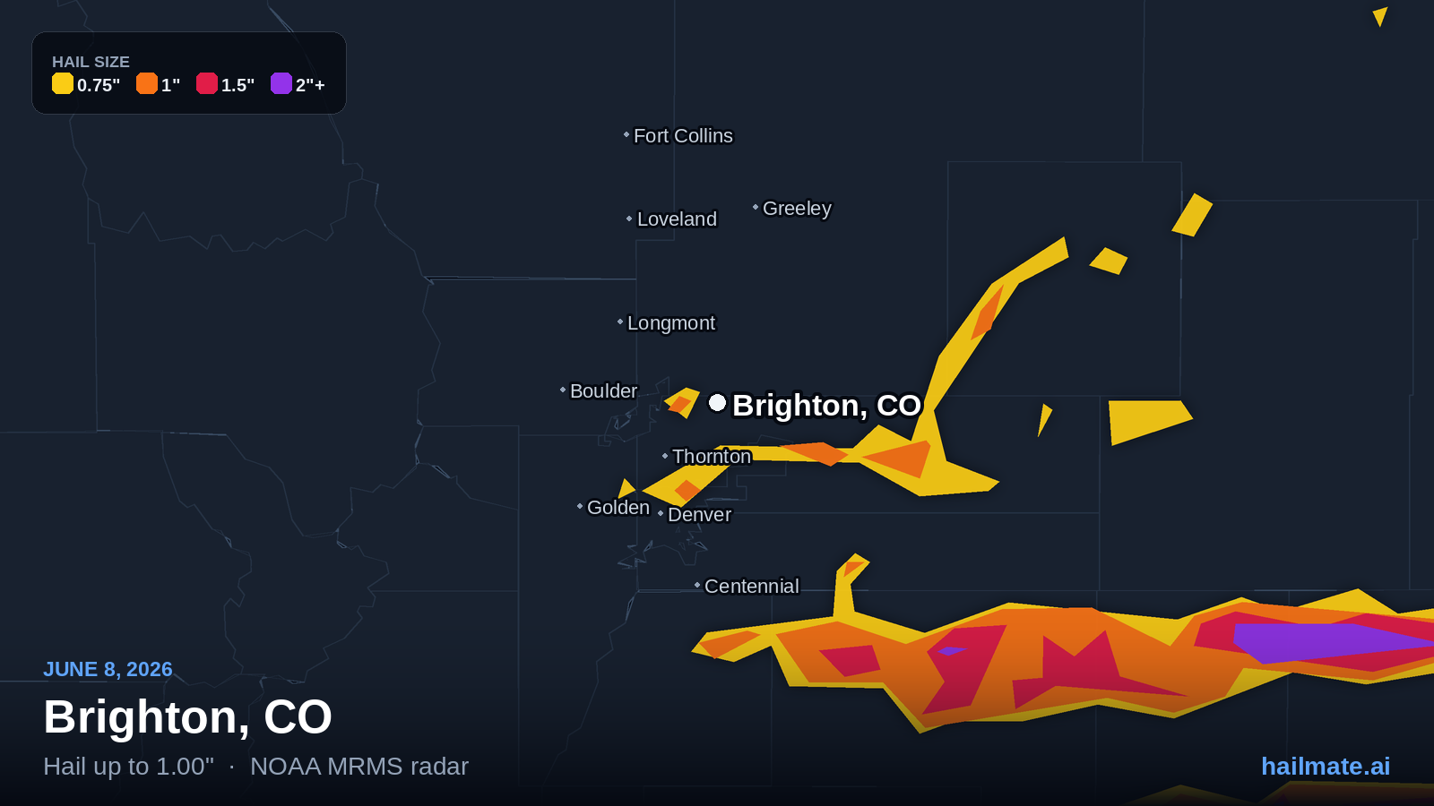 Hail swath map for Brighton, CO on June 8, 2026 showing 1.00 inch hail.