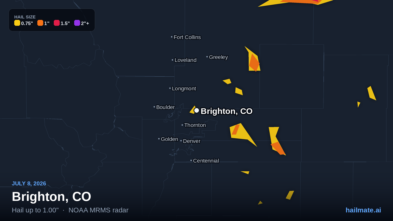Hail swath map for Brighton, CO on July 8, 2026 showing 1.00 inch hail.