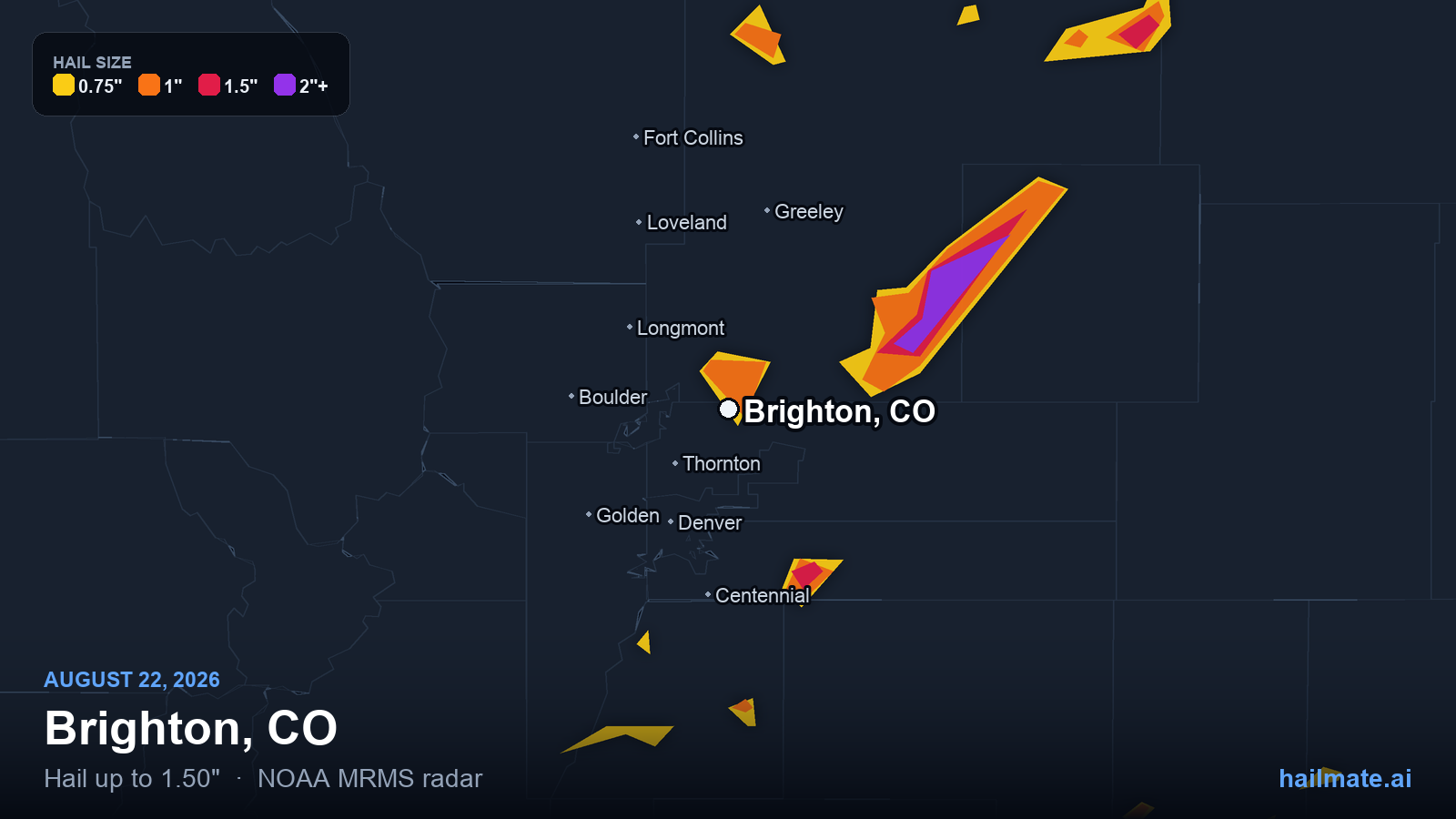 Hail swath map for Brighton, CO on August 22, 2026 showing 1.50 inch hail.