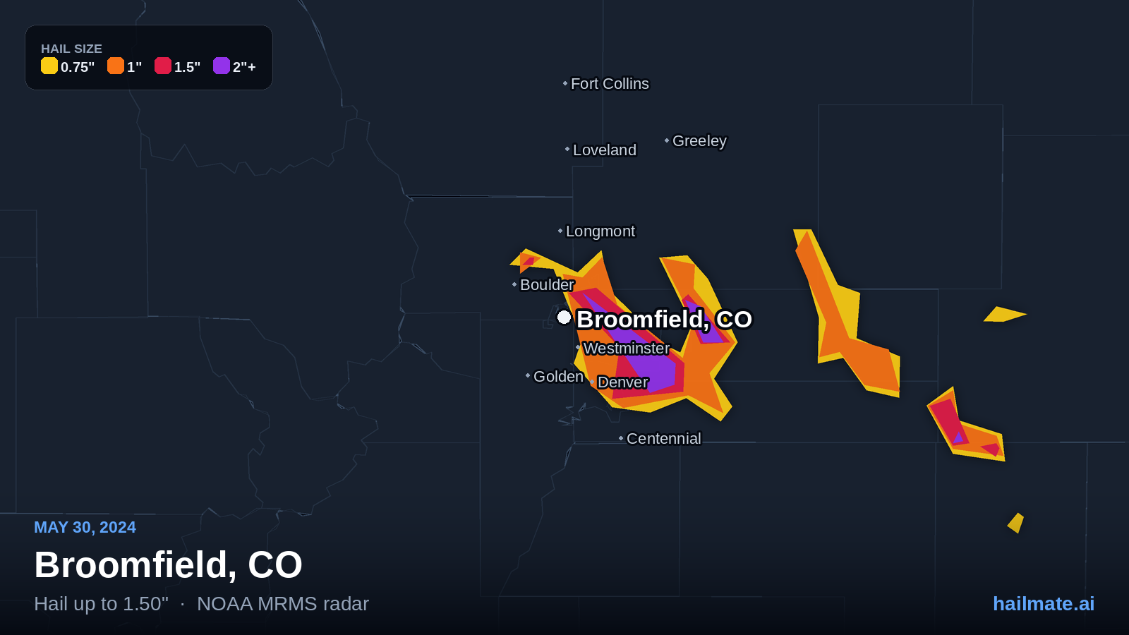 Hail swath map for Broomfield, CO on May 30, 2024 showing 1.50 inch hail.