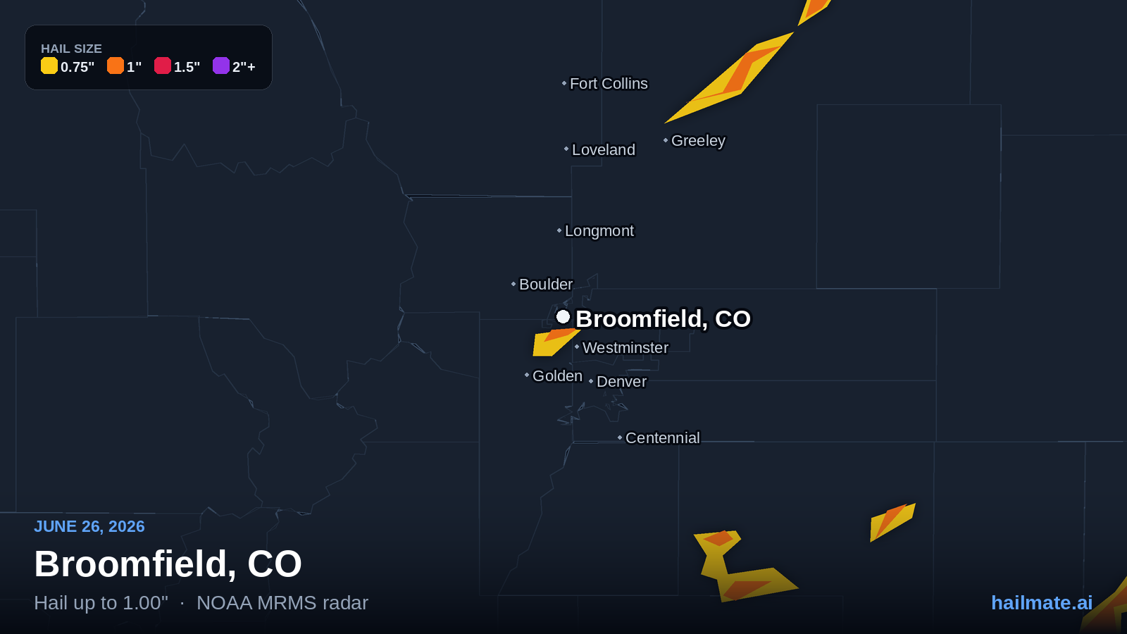 Hail swath map for Broomfield, CO on June 26, 2026 showing 1.00 inch hail.