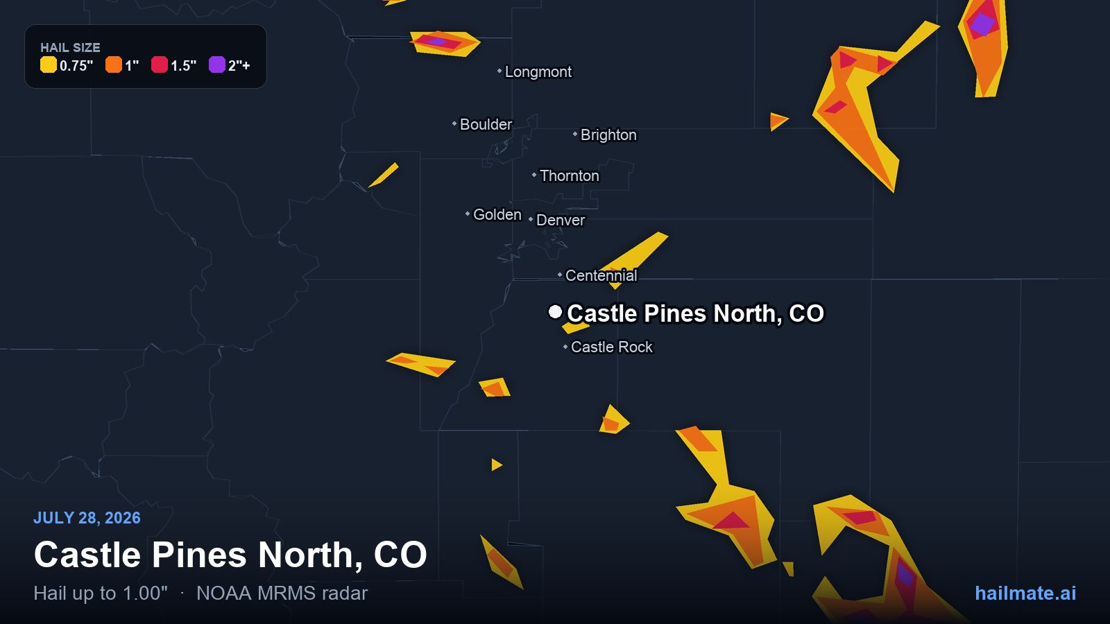 Hail swath map for Castle Pines North, CO on July 28, 2026 showing 1.00 inch hail.