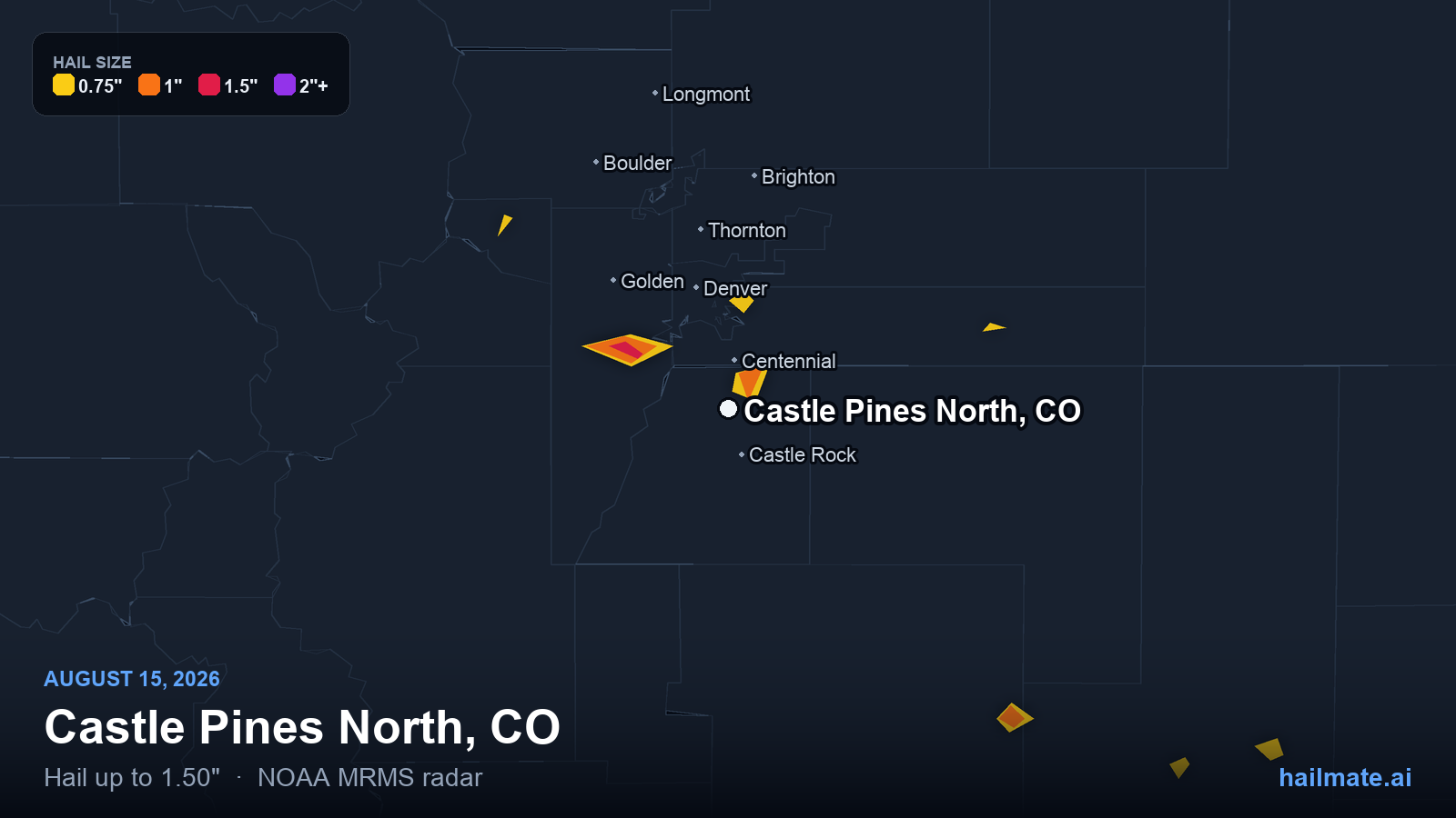 Hail swath map for Castle Pines North, CO on August 15, 2026 showing 1.50 inch hail.