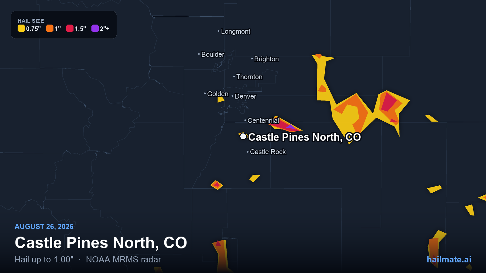 Hail swath map for Castle Pines North, CO on August 26, 2026 showing 1.00 inch hail.