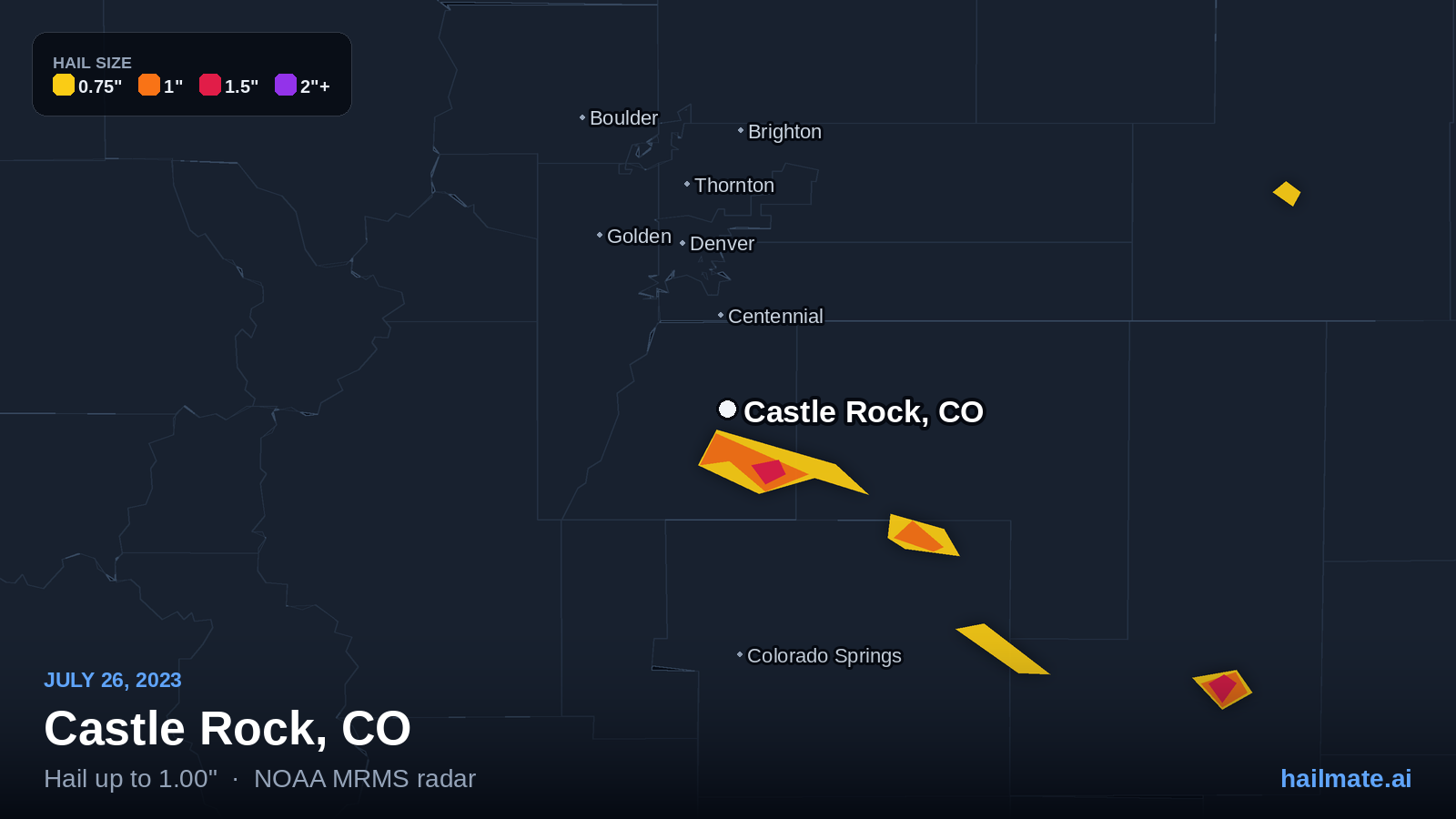 Hail swath map for Castle Rock, CO on July 26, 2023 showing 1.00 inch hail.