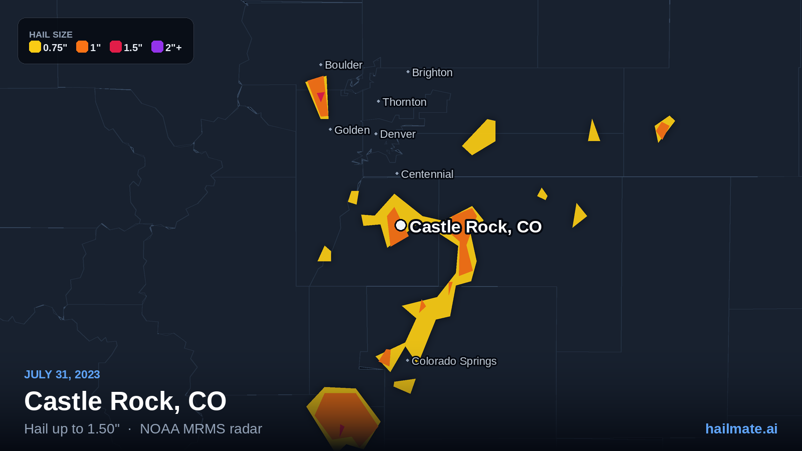 Hail swath map for Castle Rock, CO on July 31, 2023 showing 1.50 inch hail.
