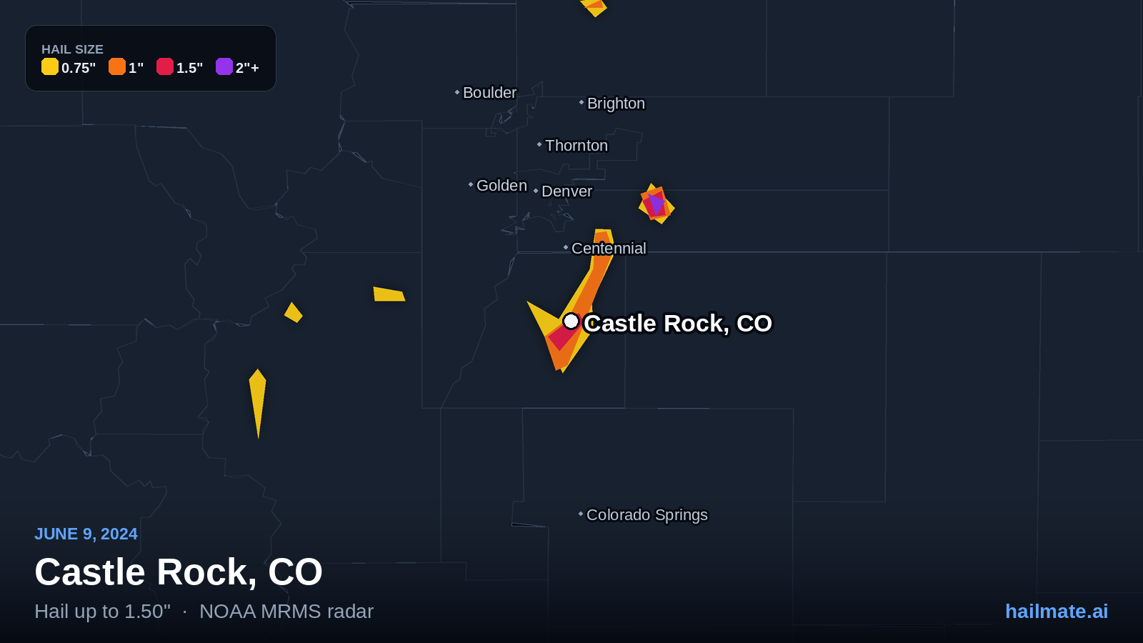 Hail swath map for Castle Rock, CO on June 9, 2024 showing 1.50 inch hail.