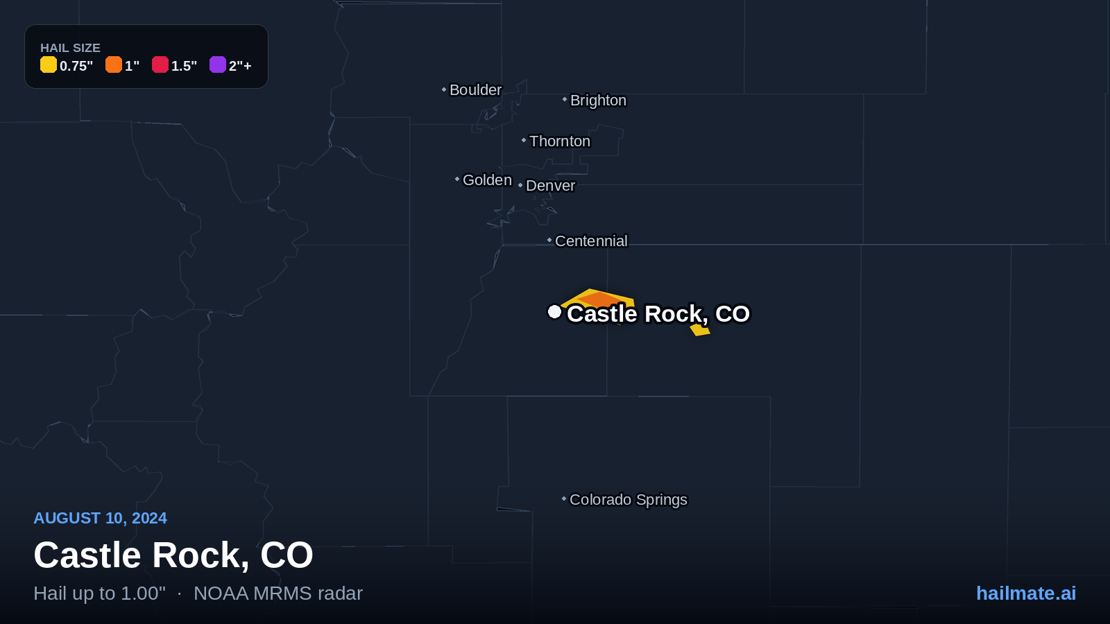 Hail swath map for Castle Rock, CO on August 10, 2024 showing 1.00 inch hail.
