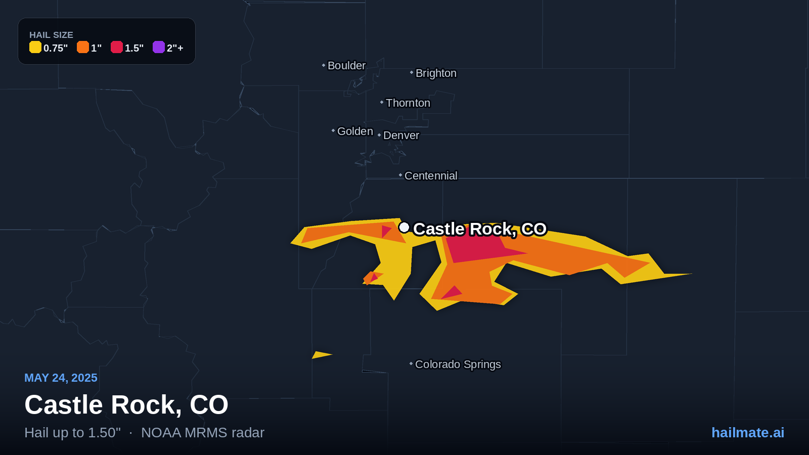 Hail swath map for Castle Rock, CO on May 24, 2025 showing 1.50 inch hail.