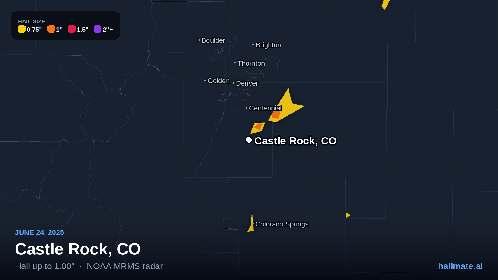 Hail swath map for Castle Rock, CO on June 24, 2025 showing 1.00 inch hail.