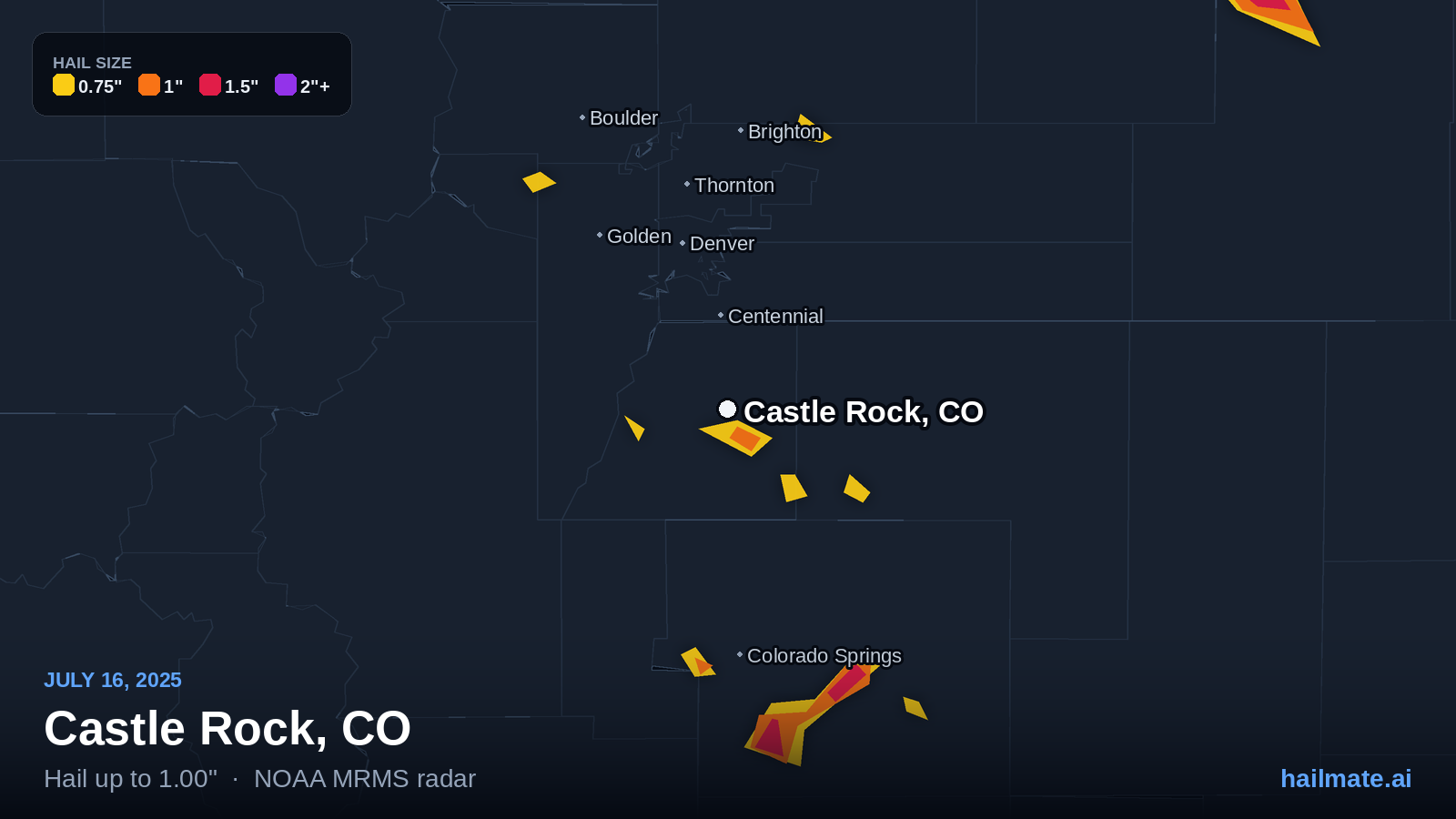 Hail swath map for Castle Rock, CO on July 16, 2025 showing 1.00 inch hail.