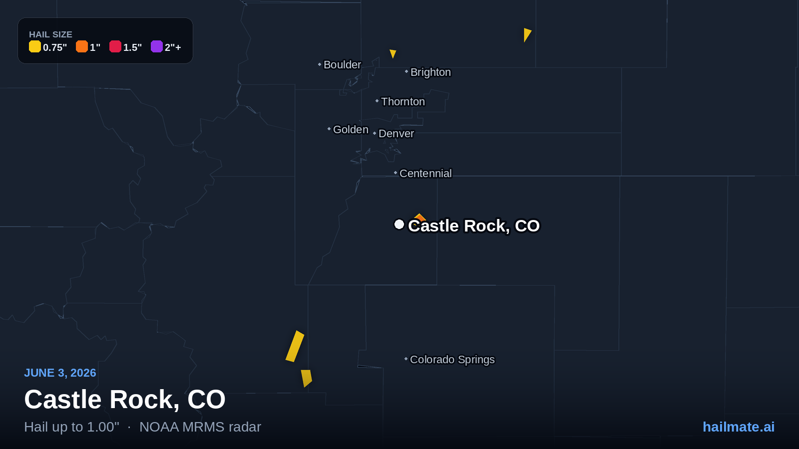 Hail swath map for Castle Rock, CO on June 3, 2026 showing 1.00 inch hail.
