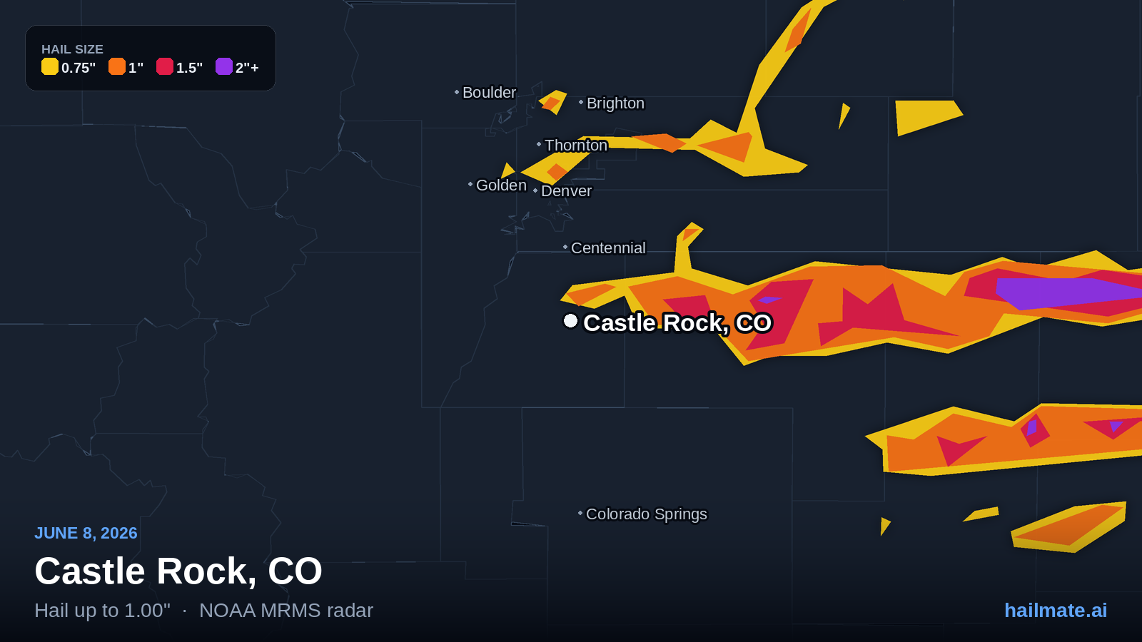 Hail swath map for Castle Rock, CO on June 8, 2026 showing 1.00 inch hail.