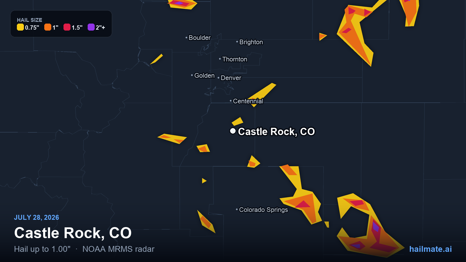 Hail swath map for Castle Rock, CO on July 28, 2026 showing 1.00 inch hail.