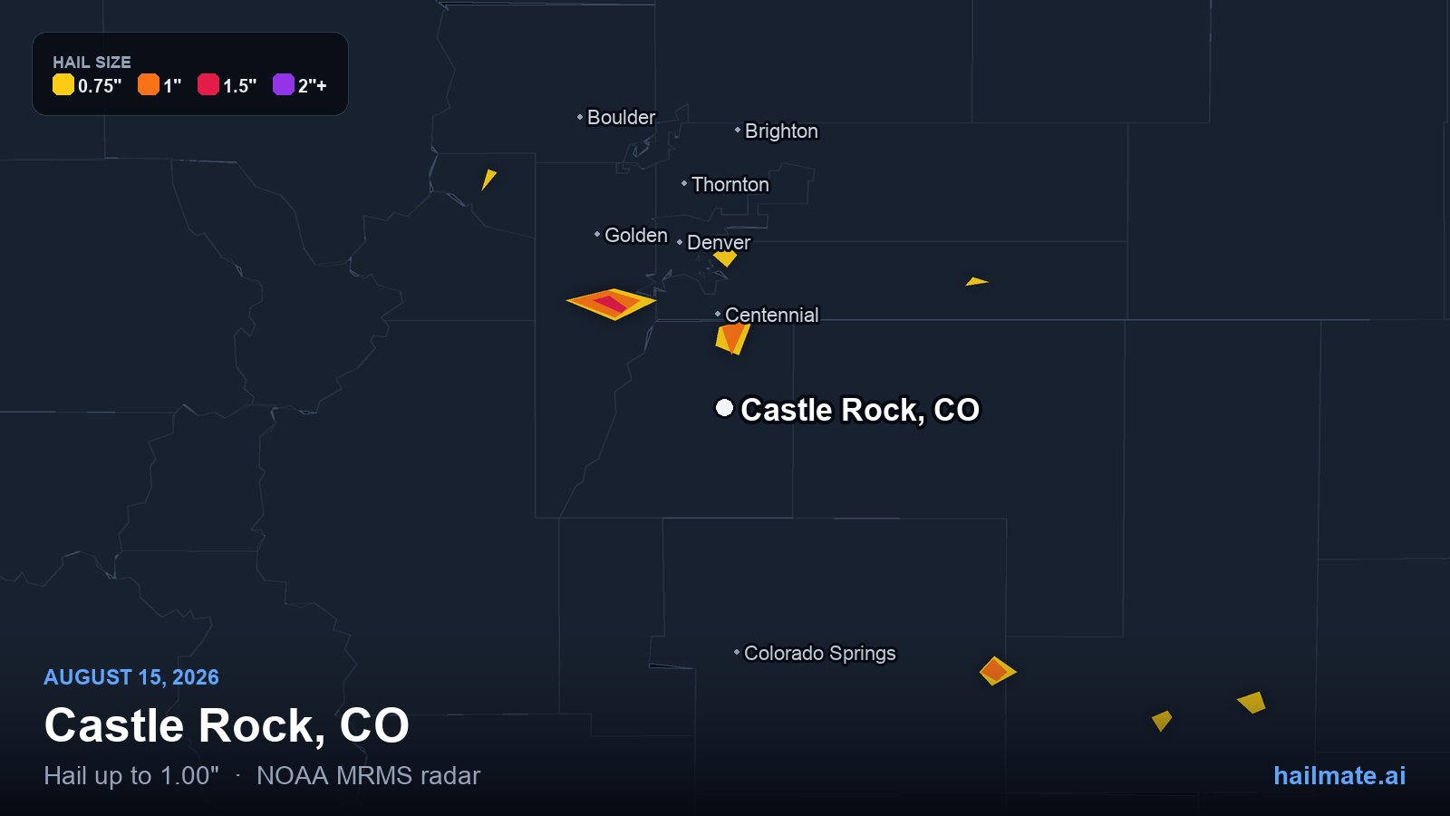 Hail swath map for Castle Rock, CO on August 15, 2026 showing 1.00 inch hail.