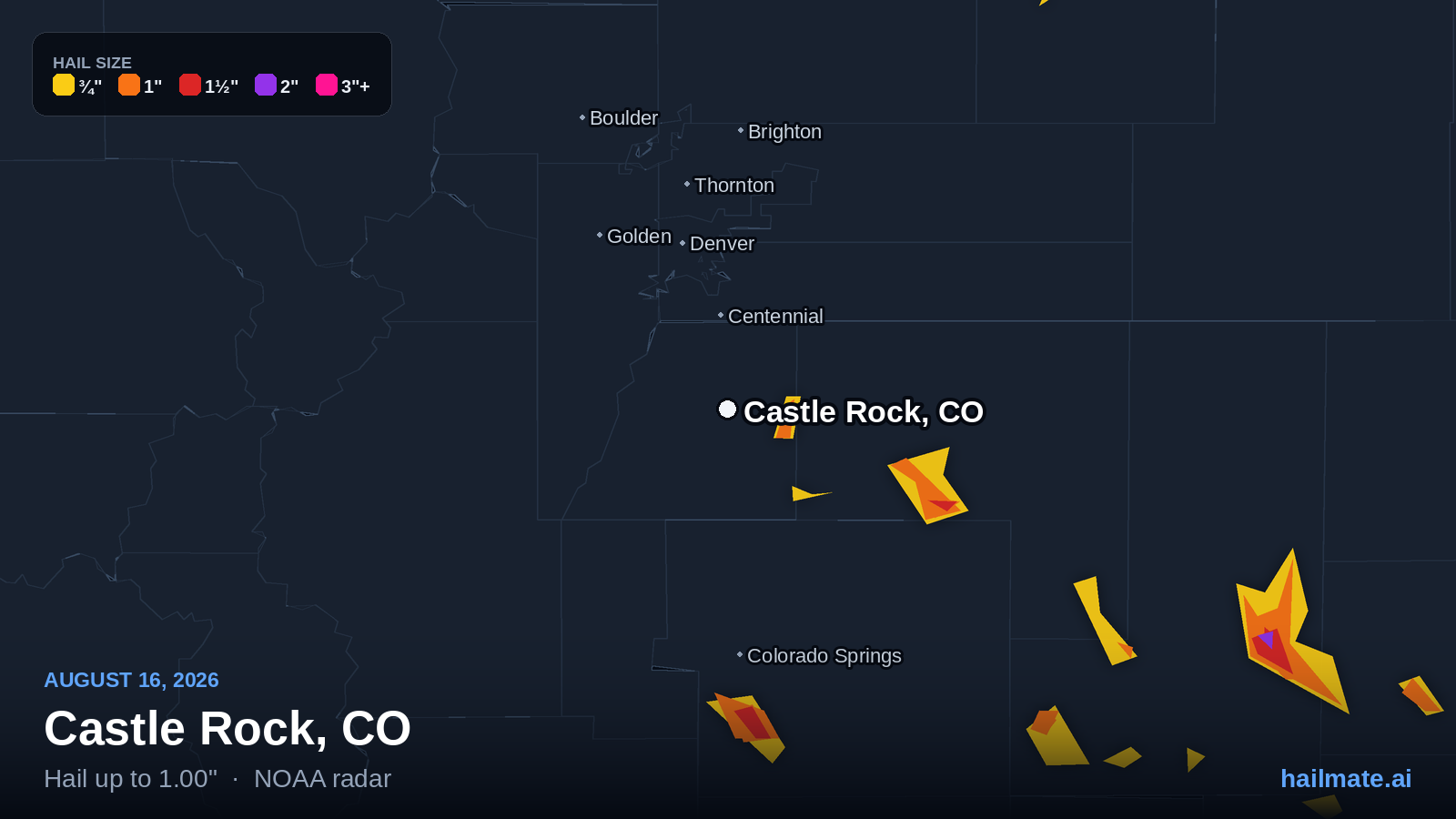 Hail swath map for Castle Rock, CO on August 16, 2026 showing 1.00 inch hail.