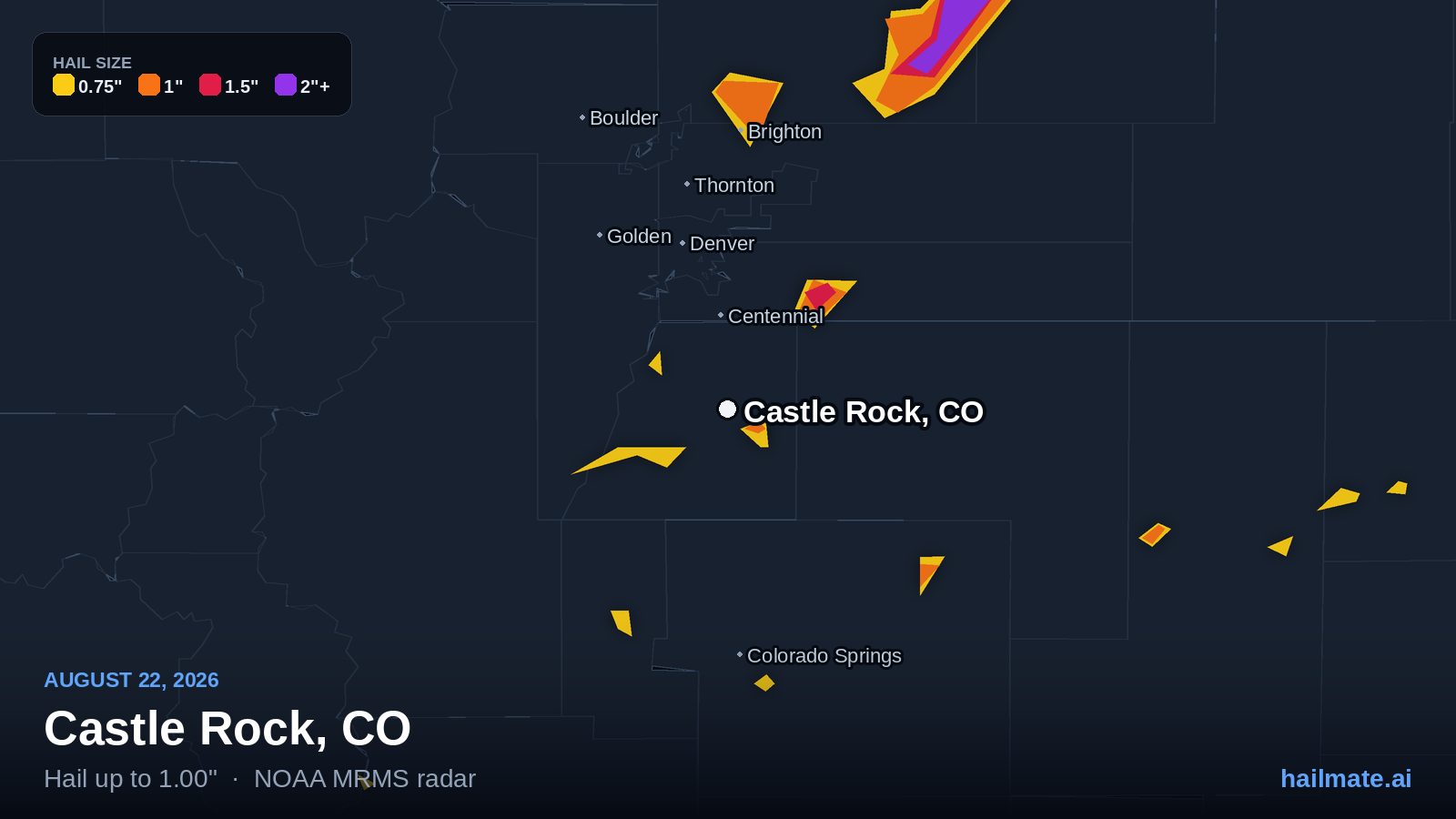 Hail swath map for Castle Rock, CO on August 22, 2026 showing 1.00 inch hail.