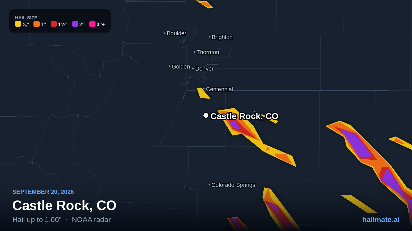 Hail swath map for Castle Rock, CO on September 20, 2026 showing 1.00 inch hail.