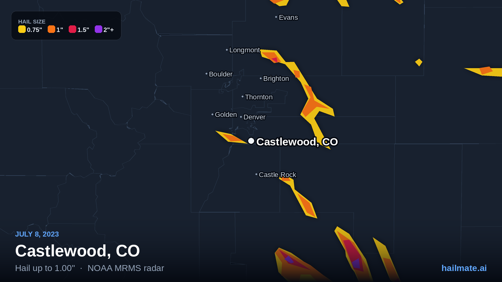 Hail swath map for Castlewood, CO on July 8, 2023 showing 1.00 inch hail.
