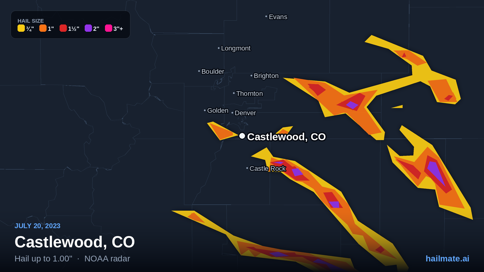 Hail swath map for Castlewood, CO on July 20, 2023 showing 1.00 inch hail.