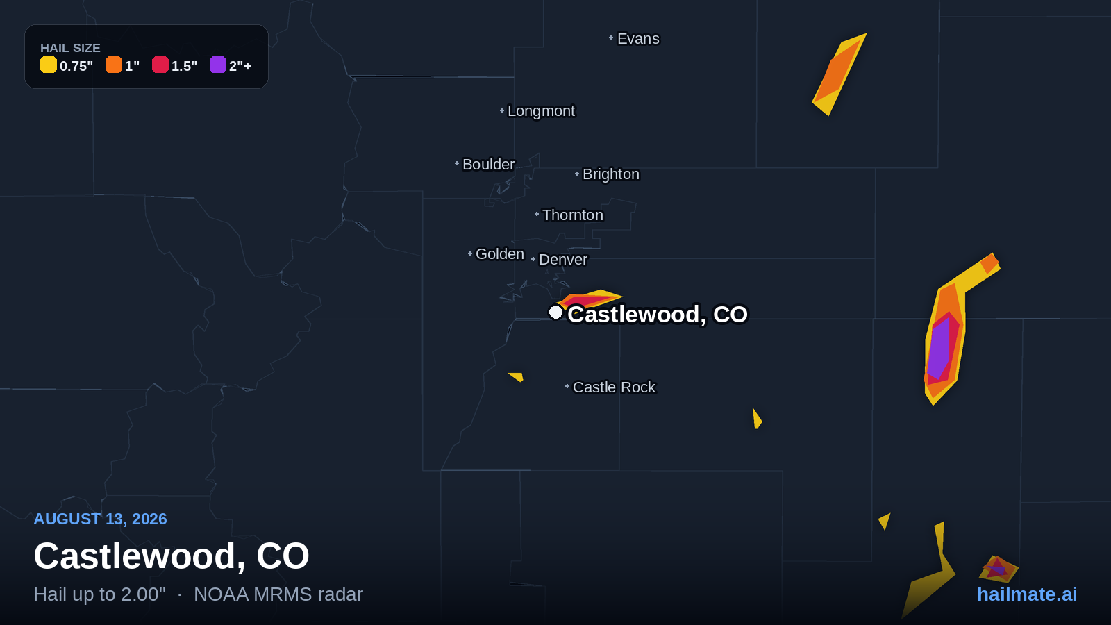 Hail swath map for Castlewood, CO on August 13, 2026 showing 2.00 inch hail.