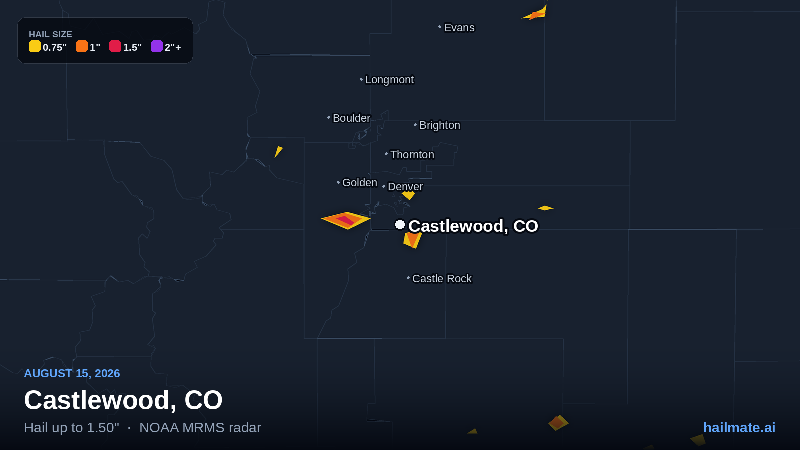 Hail swath map for Castlewood, CO on August 15, 2026 showing 1.50 inch hail.