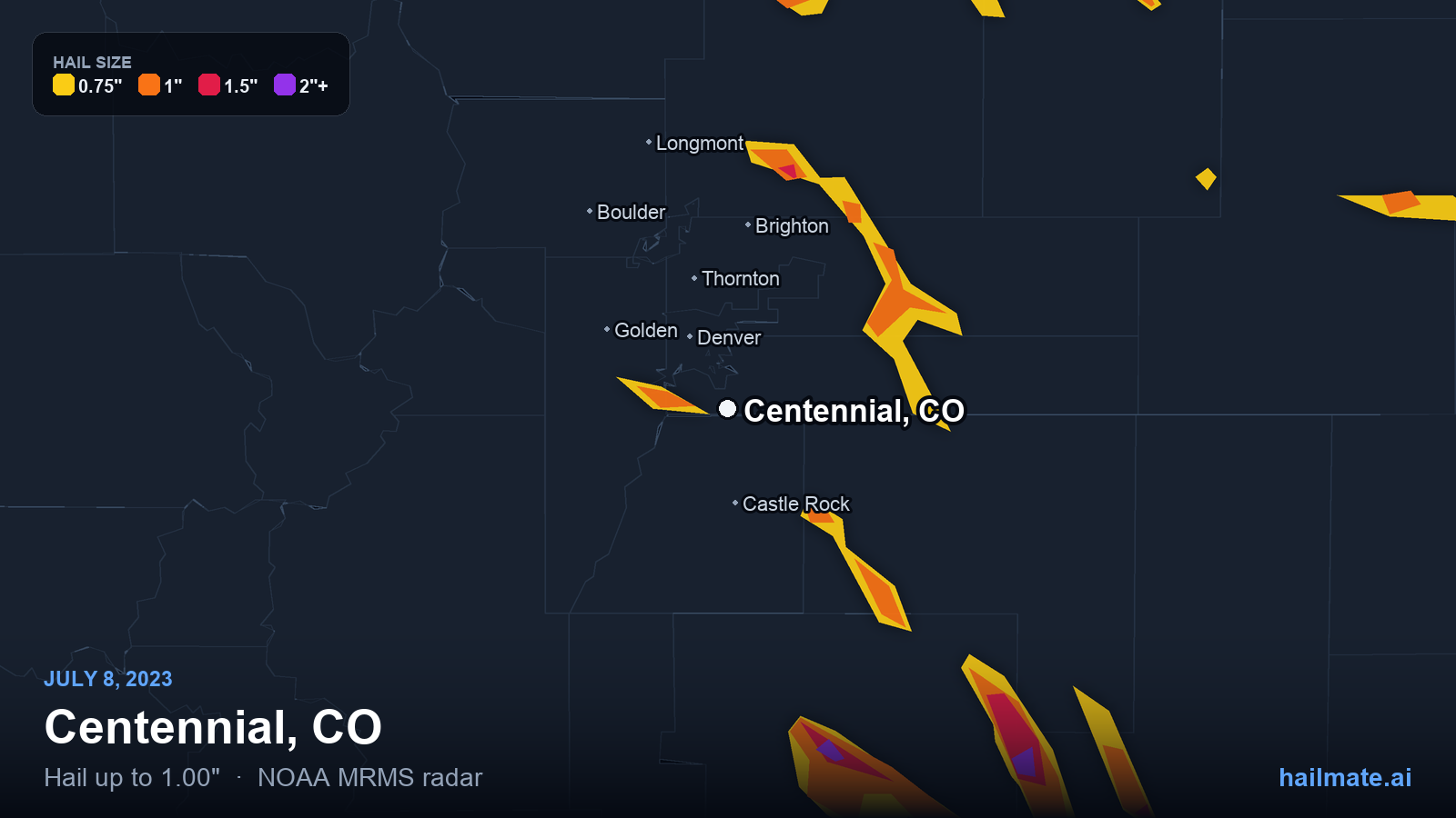 Hail swath map for Centennial, CO on July 8, 2023 showing 1.00 inch hail.