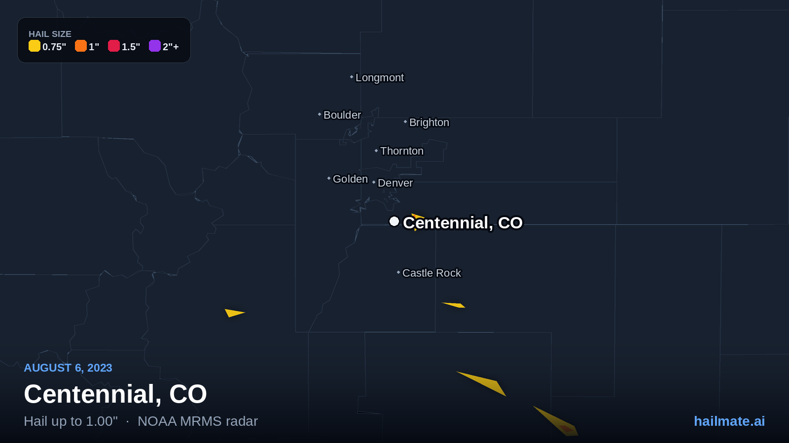 Hail swath map for Centennial, CO on August 6, 2023 showing 1.00 inch hail.